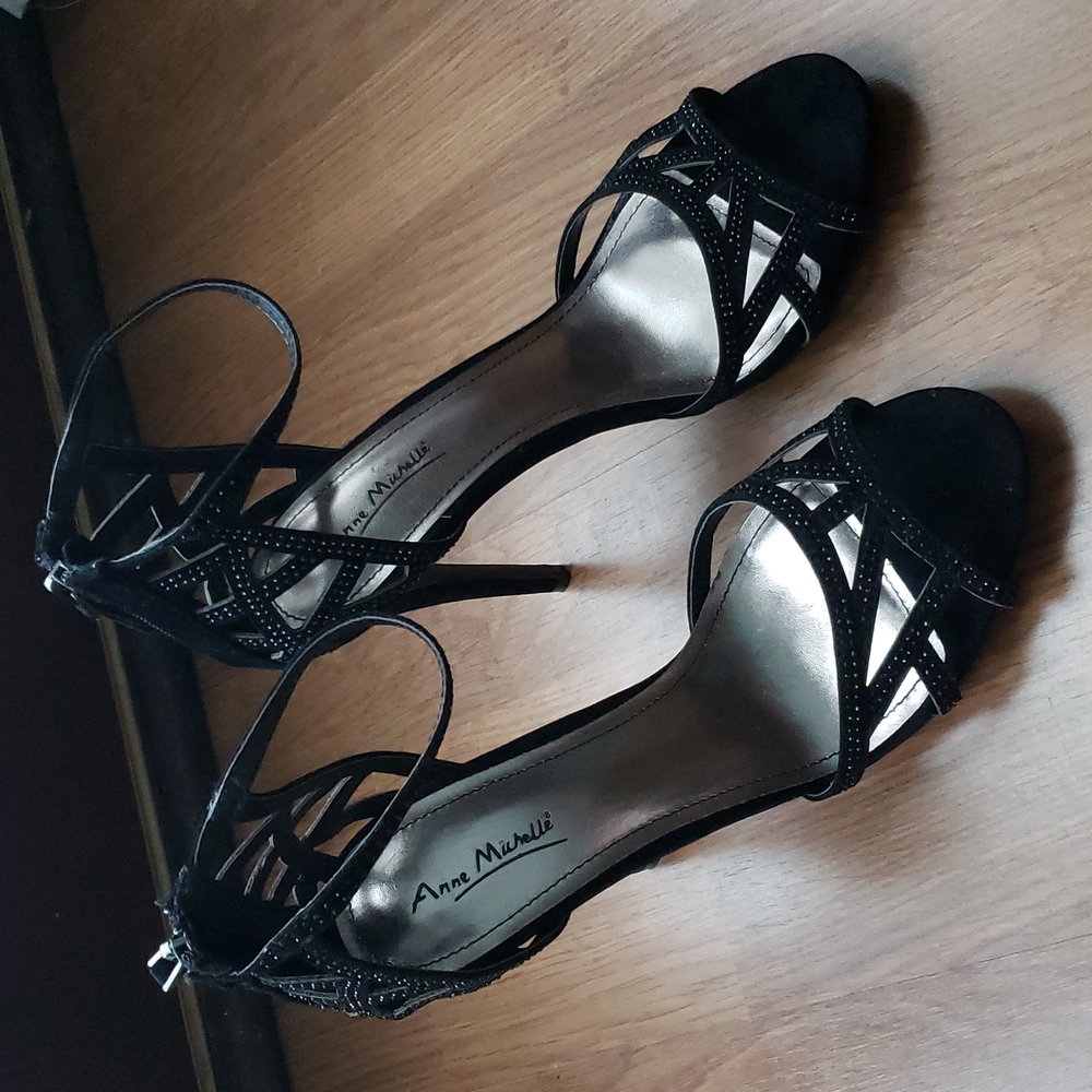 Anne Michelle Blingy Black Open Toe Heels Size 9